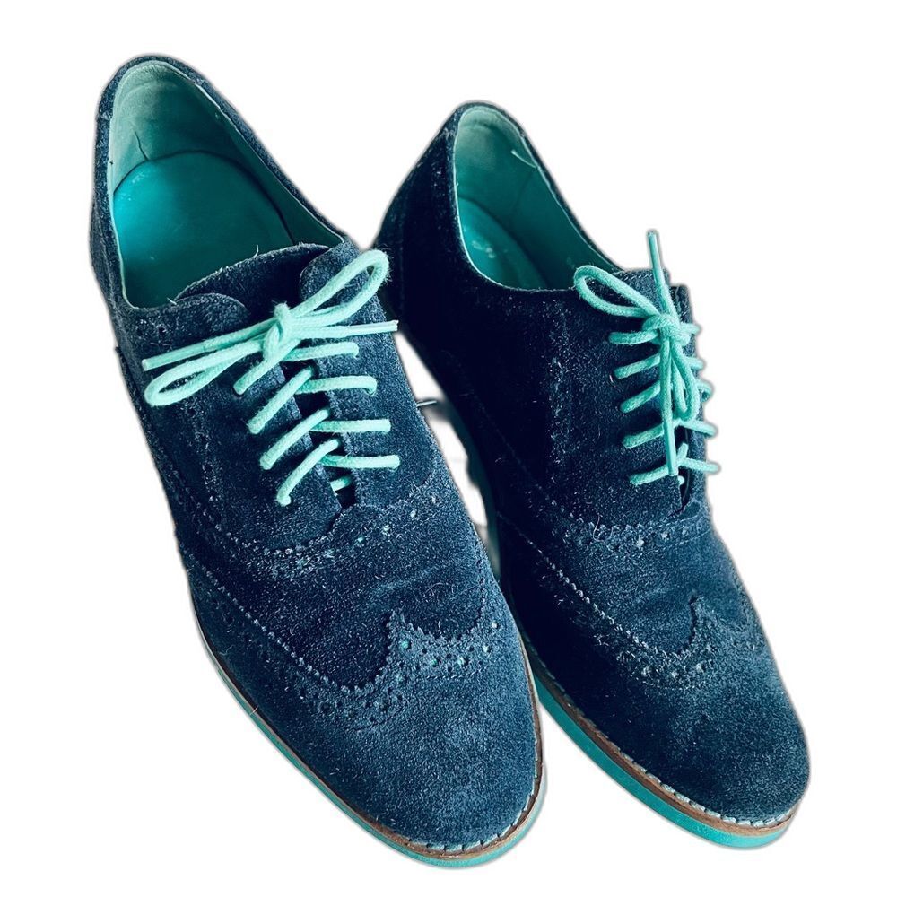 Cole Haan Blue Suede Oxford Wingtip Sneaker with Turquoise Green Accents Size 7